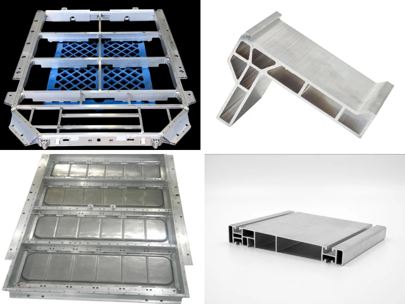 Close-up of various automotive aluminum extrusions including EV battery tray frames, crash beam profiles, and structural body components.
