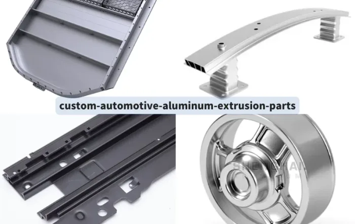 Custom automotive aluminum extrusion parts including EV battery enclosures, bumper beams, and CNC machined components by SH-ALUMINUM.
