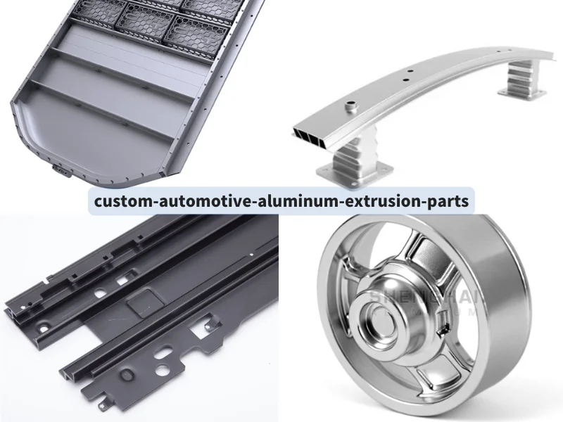 Custom automotive aluminum extrusion parts including EV battery enclosures, bumper beams, and CNC machined components by SH-ALUMINUM.