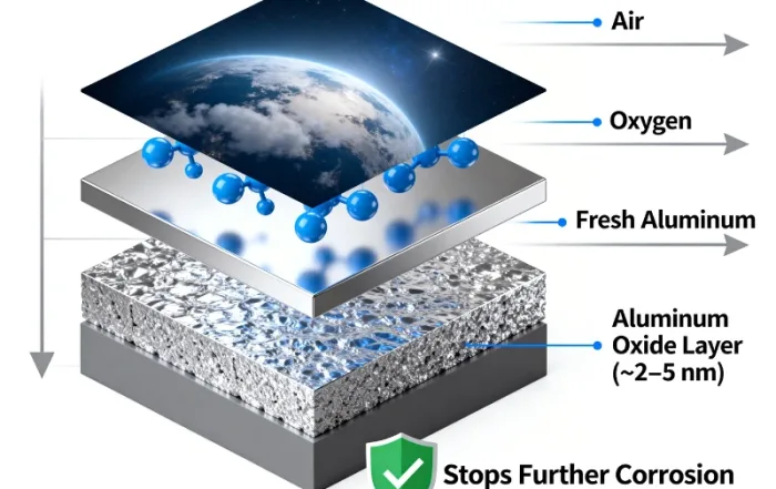 Diagram illustrating the natural formation of an aluminum oxide layer (2-5 nm) that protects fresh aluminum from further corrosion and rusting.