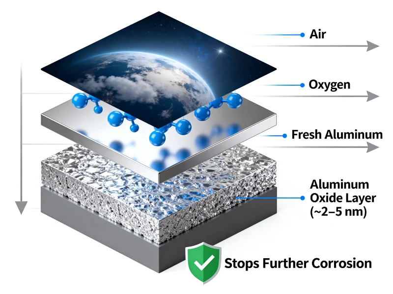 Diagram illustrating the natural formation of an aluminum oxide layer (2-5 nm) that protects fresh aluminum from further corrosion and rusting.