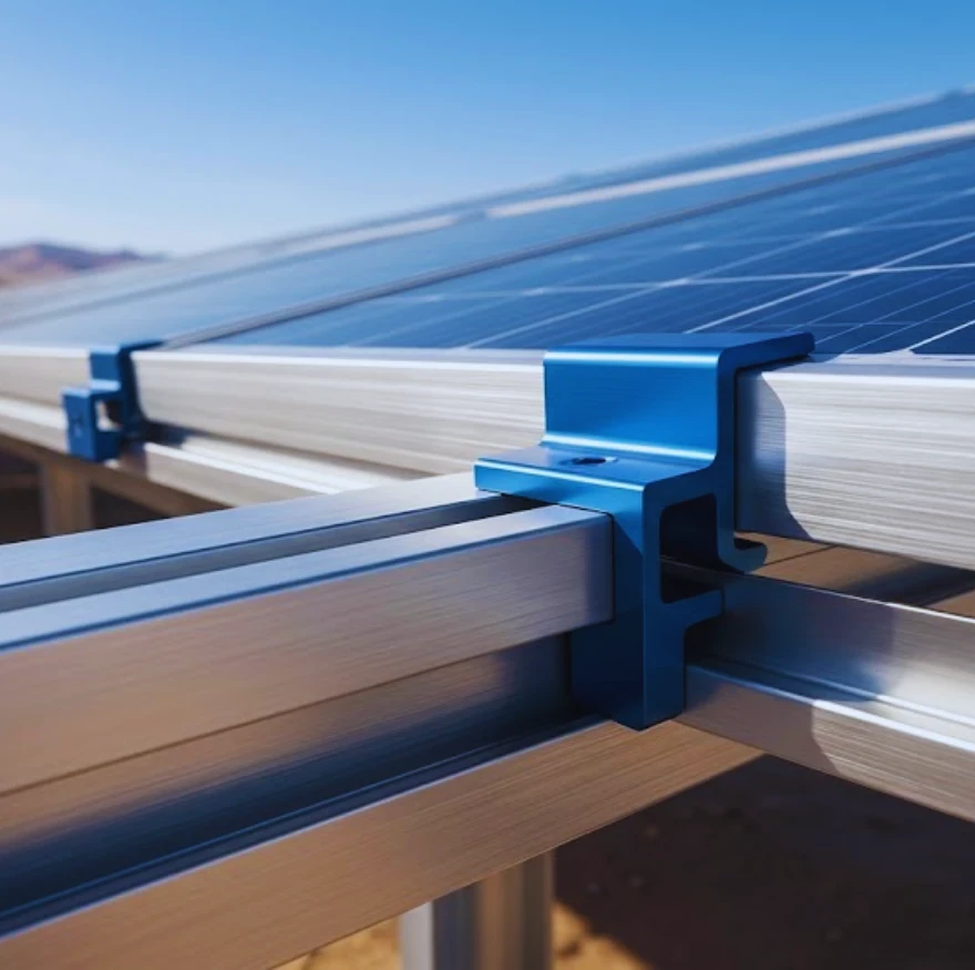 Anodized 6063-T5 aluminum solar mounting profile with blue clamp securing photovoltaic panels, engineered for extreme climates.
