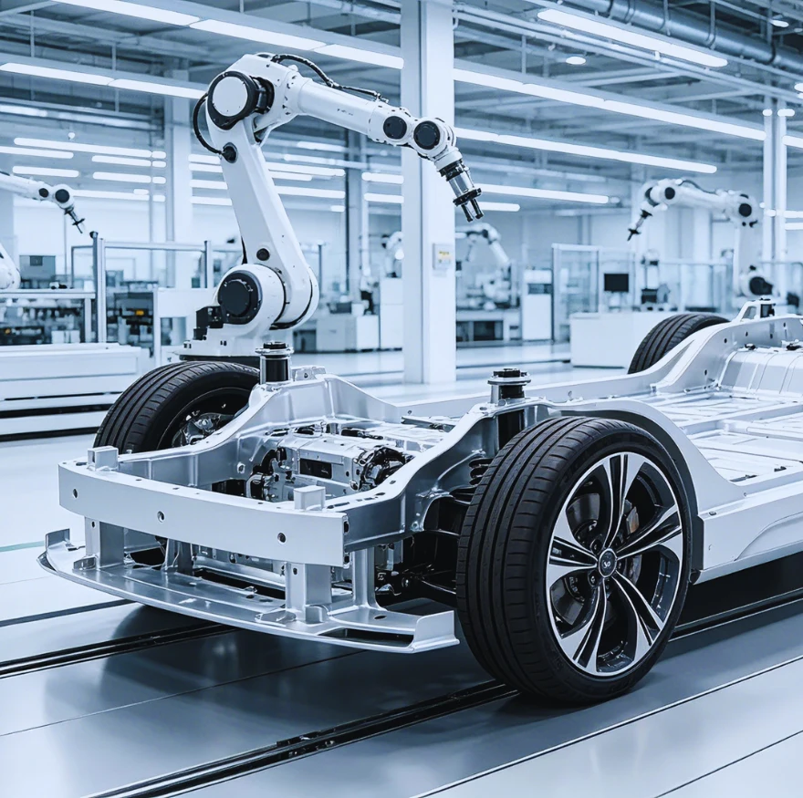 Lightweight aluminum structural extrusion profile integrated into the chassis frame of a modern electric vehicle (EV) on an automated assembly line.