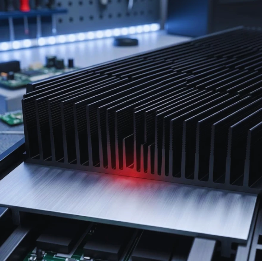 Precision CNC machined black anodized aluminum heat sink profile with high-density fins integrated into an industrial power inverter.